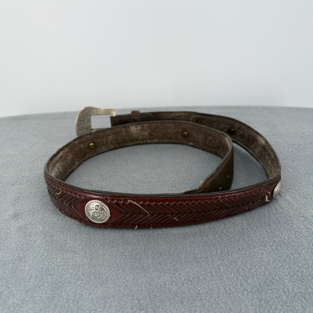Vintage Western Brown Leather Belt Woven Inlay Silver Conchos Engraved Buckle